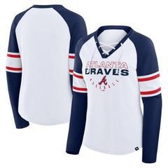 Atlanta Braves Women's Blitz Package Raglan Lace-Up V-Neck Long Sleeve T-Shirt White/Navy