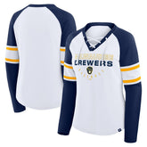 Milwaukee Brewers Women's Blitz Package Raglan Lace-Up V-Neck Long Sleeve T-Shirt White/Navy