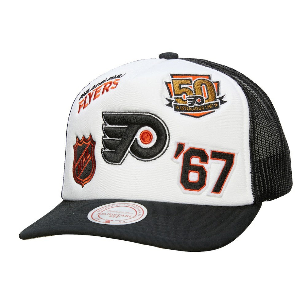 Philadelphia Flyers Mitchell & Ness Gridlock Trucker Adjustable Hat - White/Black Hats