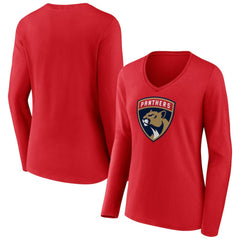 Florida Panthers Women's Primary Logo Long Sleeve V-Neck T-Shirt - Red T-shirts