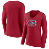 Montreal Canadiens Women's Primary Logo Long Sleeve V-Neck T-Shirt - Red T-shirts