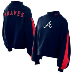 Atlanta Braves Women's Mock Neck Balloon Sleeve Sweatshirt Navy