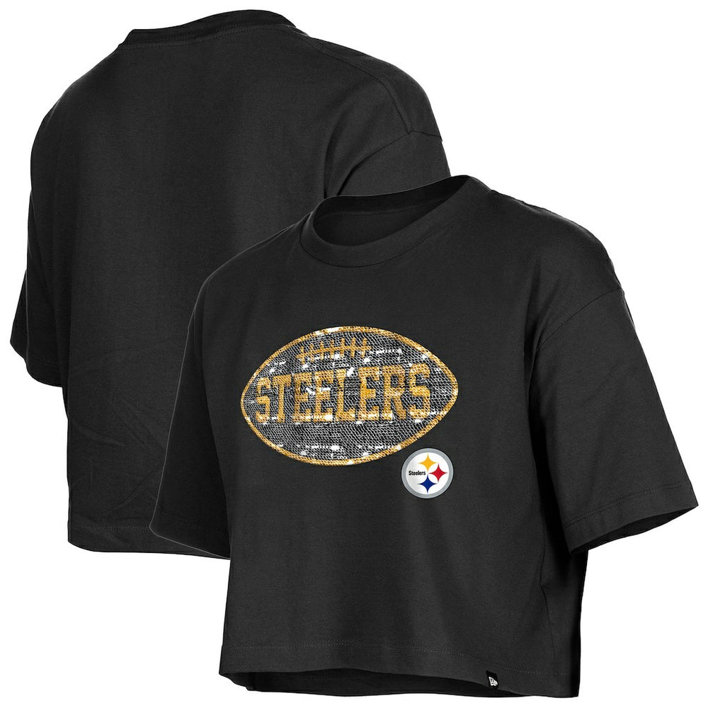 Pittsburgh Steelers New Era Girl's Flip Sequin Boxy T-Shirt - Black for sale