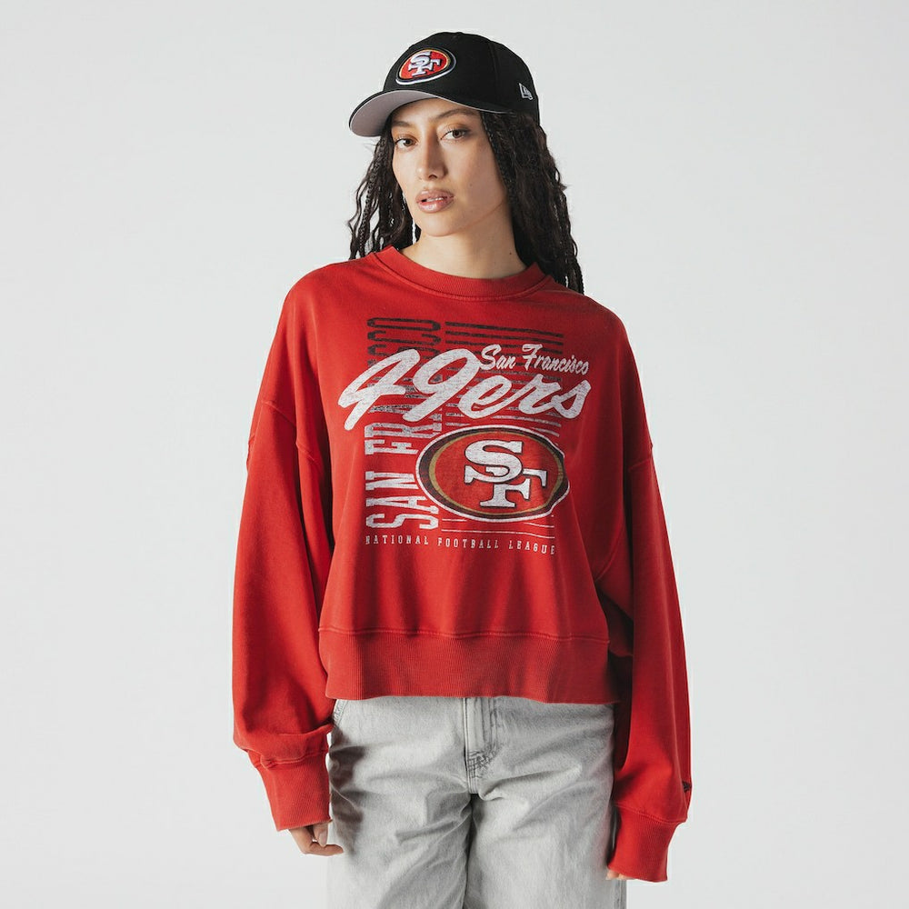 San Francisco 49ers New Era Women's Oversized Throwback Mineral Wash Crew Neck Sweatshirt - Scarlet for sale