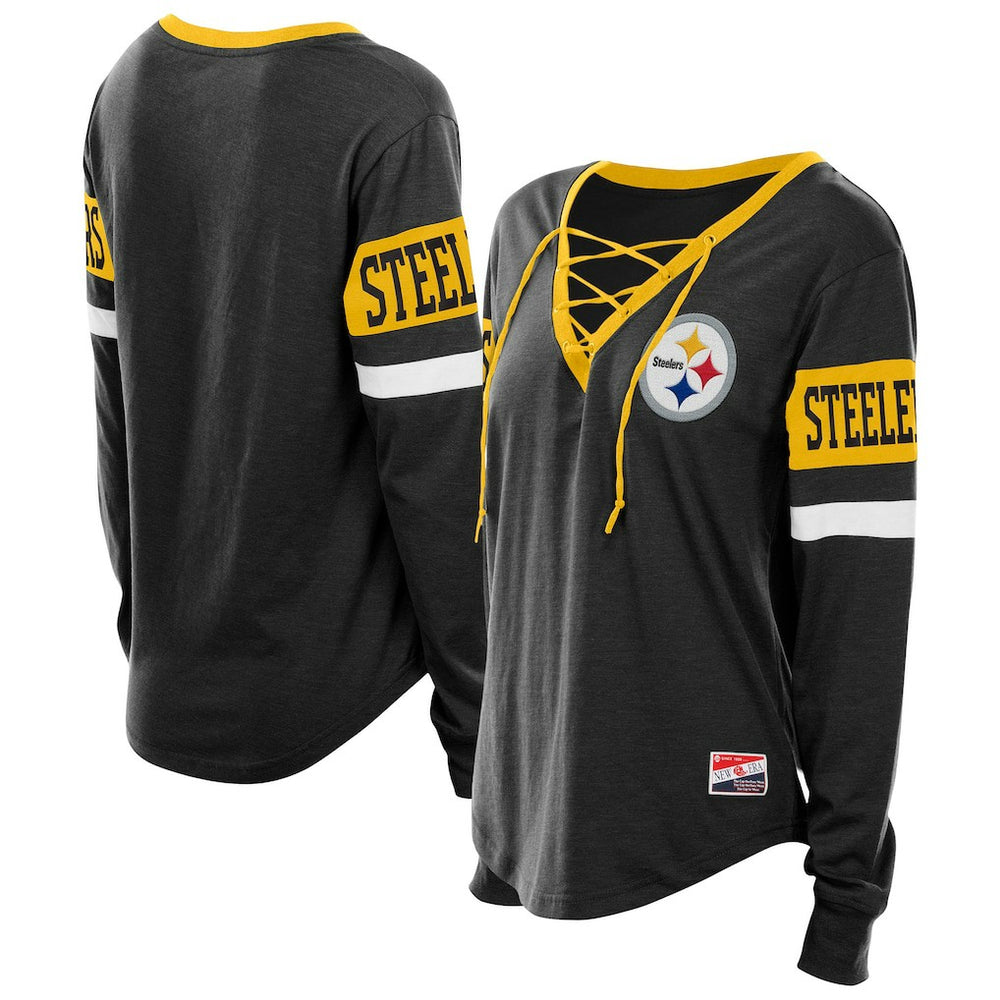 Pittsburgh Steelers New Era Women's Throwback Lace-Up Long-Sleeve T-Shirt - Black cheap