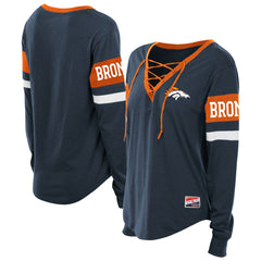 Denver Broncos New Era Women's Plus Size Throwback Lace-Up Long Sleeve T-Shirt - Navy sale