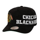 Chicago Blackhawks Mitchell & Ness Busted Logo Wordmark Wrap Around Pro Pinch Adjustable Hat - Black Hats