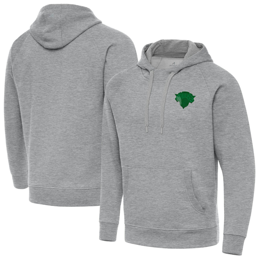 New York Knicks Antigua St. Patrick's Day Victory Raglan Pullover Hoodie - Heather Gray shop