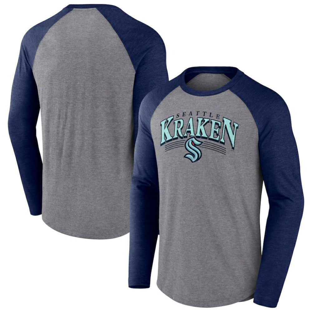 Seattle Kraken Fanatics Goal Crease Raglan Tri-Blend Long Sleeve T-Shirt - Heather Gray/Heather Deep Sea Blue T-shirts