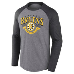 Boston Bruins Fanatics Goal Crease Raglan Tri-Blend Long Sleeve T-Shirt - Heather Gray/Heather Charcoal T-shirts