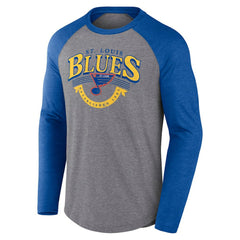 St. Louis Blues Fanatics Goal Crease Raglan Tri-Blend Long Sleeve T-Shirt - Heather Gray/Heather Blue T-shirts
