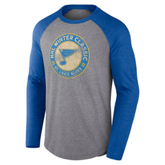 St. Louis Blues Fanatics 2022 NHL Winter Classic Vintage Distressed Raglan Tri-Blend Long Sleeve T-Shirt - Heather Gray/Heather Blue T-shirts