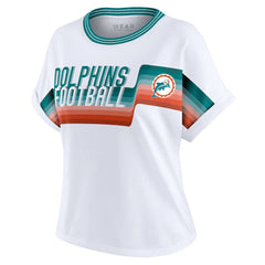 Miami Dolphins WEAR by Erin Andrews Women's Cropped Center Stripe Dolman T-Shirt - White for sale