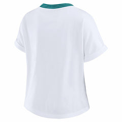 Miami Dolphins WEAR by Erin Andrews Women's Cropped Center Stripe Dolman T-Shirt - White for sale