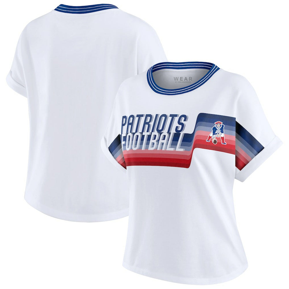 New England Patriots WEAR by Erin Andrews Women's Cropped Center Stripe Dolman T-Shirt - White for sale