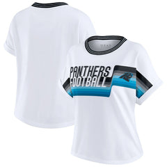 Carolina Panthers WEAR by Erin Andrews Women's Cropped Center Stripe Dolman T-Shirt - White discount