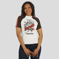 Cleveland Browns WEAR by Erin Andrews Women's Sleeve Stripe Distressed Raglan T-Shirt - White cheap