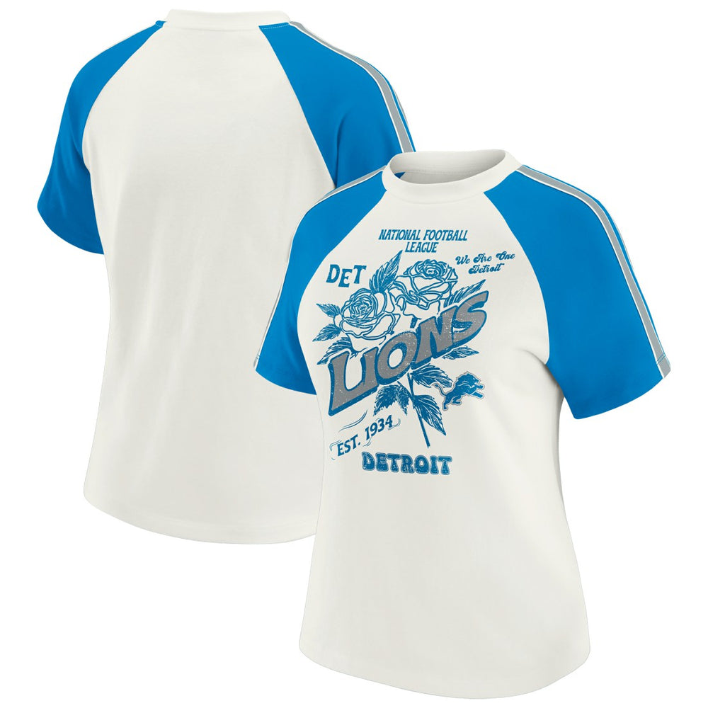 Detroit Lions WEAR by Erin Andrews Women's Sleeve Stripe Distressed Raglan T-Shirt - White for sale