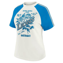 Detroit Lions WEAR by Erin Andrews Women's Sleeve Stripe Distressed Raglan T-Shirt - White for sale