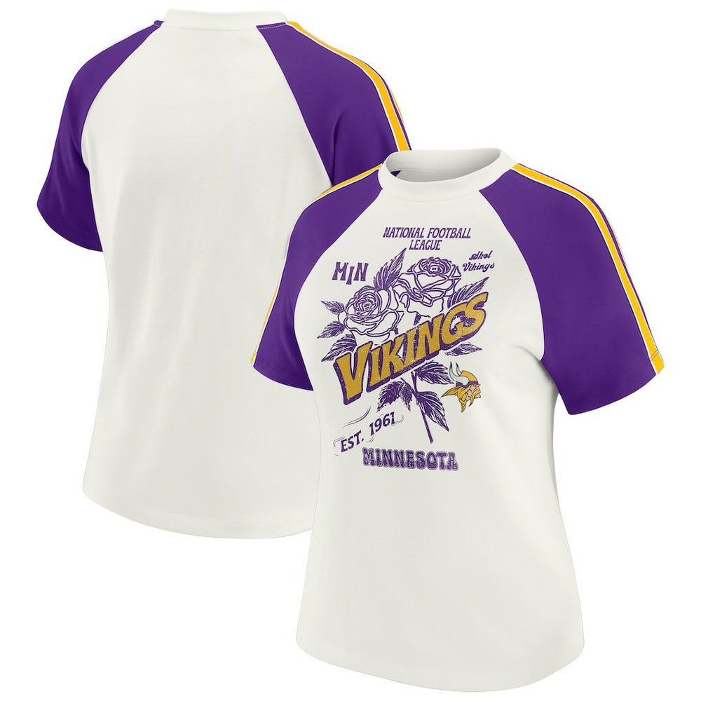 Minnesota Vikings WEAR by Erin Andrews Women's Sleeve Stripe Distressed Raglan T-Shirt - White cheap