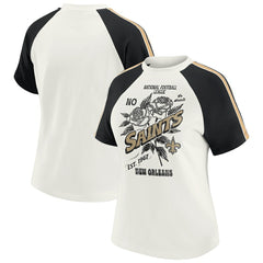New Orleans Saints WEAR by Erin Andrews Women's Sleeve Stripe Distressed Raglan T-Shirt - White for sale