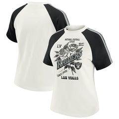 Las Vegas Raiders WEAR by Erin Andrews Women's Sleeve Stripe Distressed Raglan T-Shirt - White for sale