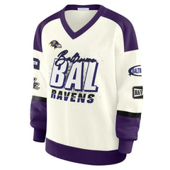 Baltimore Ravens WEAR by Erin Andrews Women's Racing Crew V-Neck Sweatshirt - Cream cheap