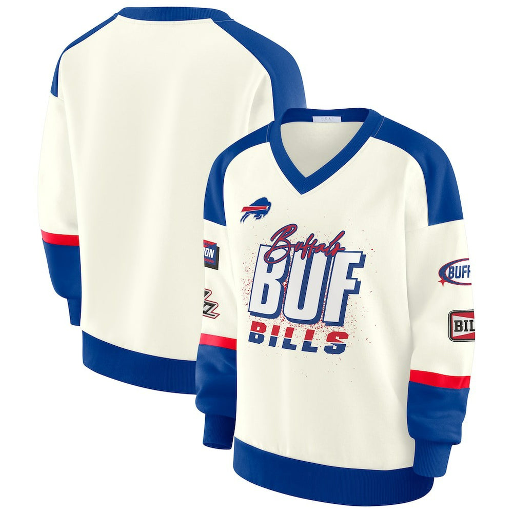 Buffalo Bills WEAR by Erin Andrews Women's Racing Crew V-Neck Sweatshirt - Cream outlet