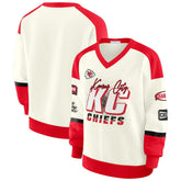 Kansas City Chiefs WEAR by Erin Andrews Women's Racing Crew V-Neck Sweatshirt - Cream discount