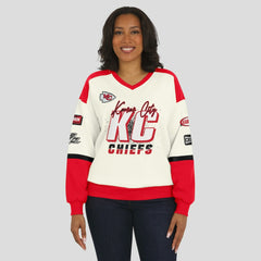Kansas City Chiefs WEAR by Erin Andrews Women's Racing Crew V-Neck Sweatshirt - Cream discount