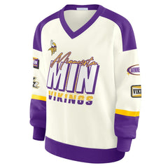 Minnesota Vikings WEAR by Erin Andrews Women's Racing Crew V-Neck Sweatshirt - Cream outlet