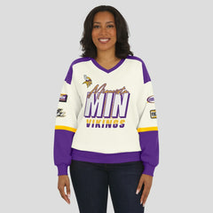 Minnesota Vikings WEAR by Erin Andrews Women's Racing Crew V-Neck Sweatshirt - Cream outlet