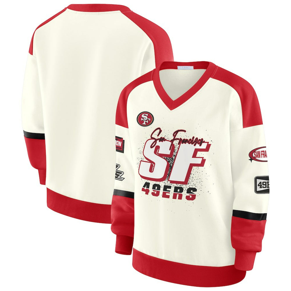 San Francisco 49ers WEAR by Erin Andrews Women's Racing Crew V-Neck Sweatshirt - Cream outlet