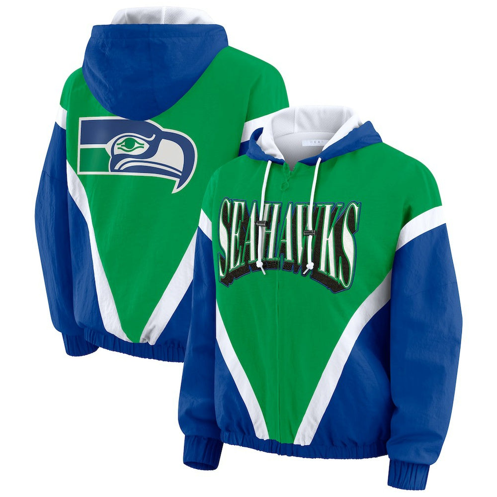 Seattle Seahawks WEAR by Erin Andrews Women's Plus Size Retro Crinkle Full-Zip Hoodie Windbreaker Jacket - Kelly Green/Royal discount