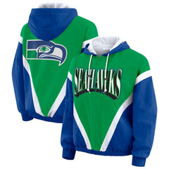 Seattle Seahawks WEAR by Erin Andrews Women's Plus Size Retro Crinkle Full-Zip Hoodie Windbreaker Jacket - Kelly Green/Royal discount