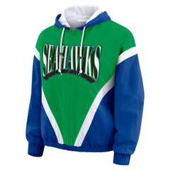 Seattle Seahawks WEAR by Erin Andrews Women's Plus Size Retro Crinkle Full-Zip Hoodie Windbreaker Jacket - Kelly Green/Royal discount