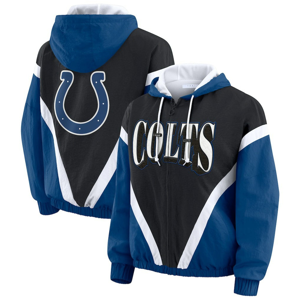 Indianapolis Colts WEAR by Erin Andrews Women's Plus Size Retro Crinkle Full-Zip Hoodie Windbreaker Jacket - Black/Royal cheap