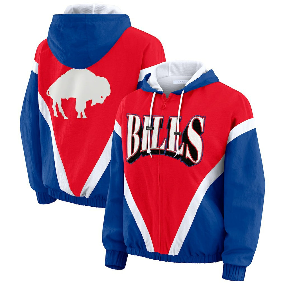 Buffalo Bills WEAR by Erin Andrews Women's Plus Size Retro Crinkle Full-Zip Hoodie Windbreaker Jacket - Red/Royal discount