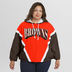 Cleveland Browns WEAR by Erin Andrews Women's Plus Size Retro Crinkle Full-Zip Hoodie Windbreaker Jacket - Orange/Brown on sale