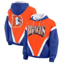 Denver Broncos WEAR by Erin Andrews Women's Plus Size Retro Crinkle Full-Zip Hoodie Windbreaker Jacket - Orange/Royal for sale