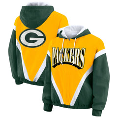 Green Bay Packers WEAR by Erin Andrews Women's Plus Size Retro Crinkle Full-Zip Hoodie Windbreaker Jacket - Gold/Green outlet