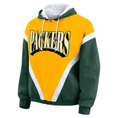 Green Bay Packers WEAR by Erin Andrews Women's Plus Size Retro Crinkle Full-Zip Hoodie Windbreaker Jacket - Gold/Green outlet