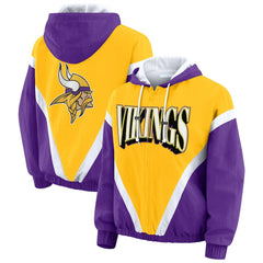 Minnesota Vikings WEAR by Erin Andrews Women's Plus Size Retro Crinkle Full-Zip Hoodie Windbreaker Jacket - Gold/Purple on sale