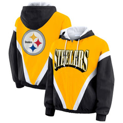 Pittsburgh Steelers WEAR by Erin Andrews Women's Plus Size Retro Crinkle Full-Zip Hoodie Windbreaker Jacket - Gold/Black cheap