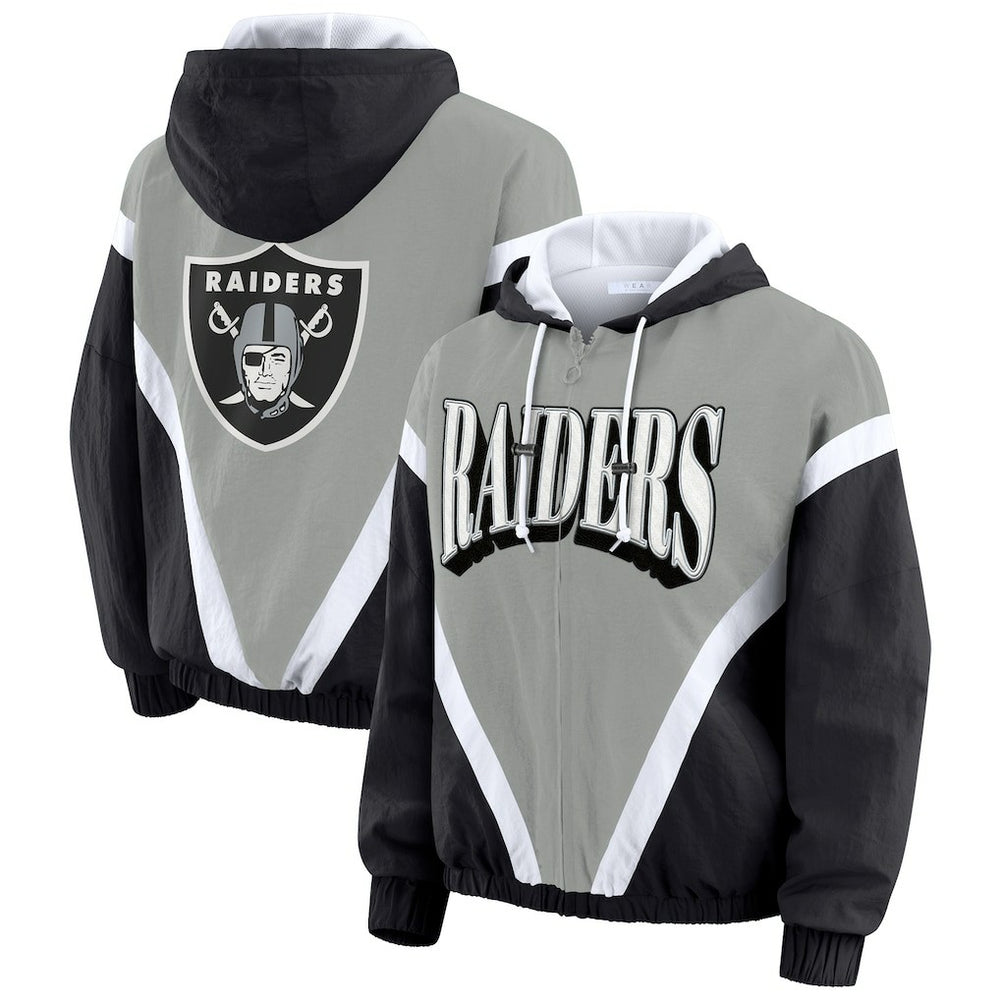 Las Vegas Raiders WEAR by Erin Andrews Women's Plus Size Retro Crinkle Full-Zip Hoodie Windbreaker Jacket - Black/Gray for sale