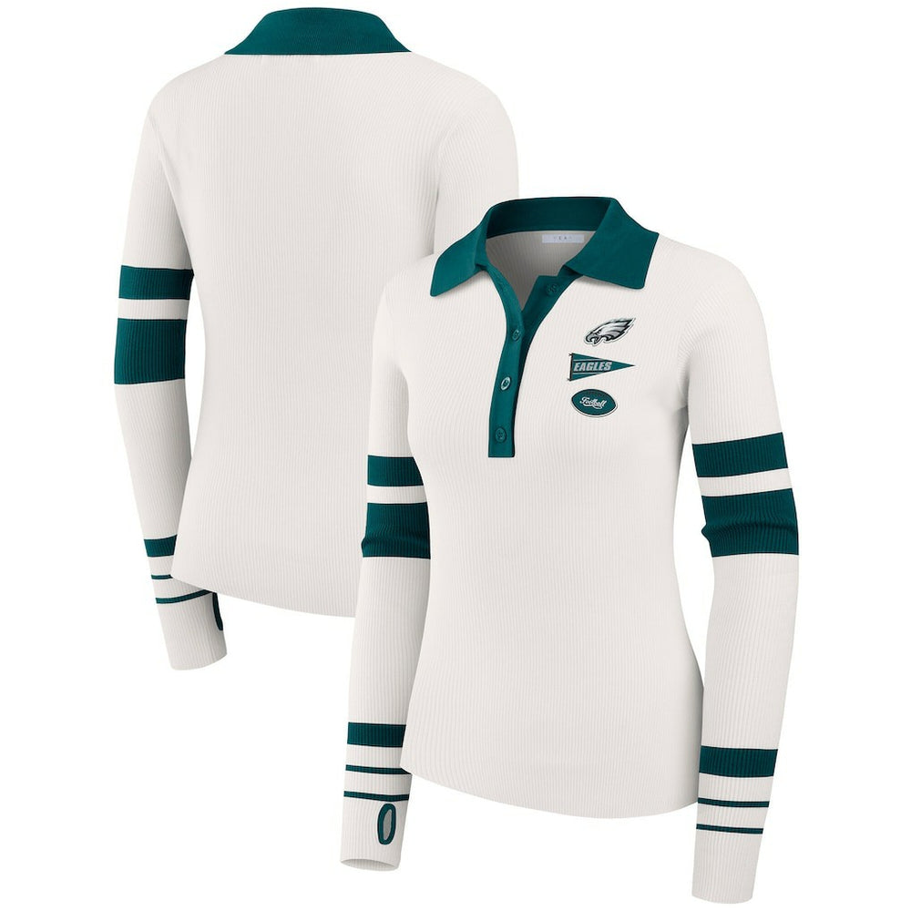 Philadelphia Eagles WEAR by Erin Andrews Women's Ribbed Henley Polo Sweater - White for sale