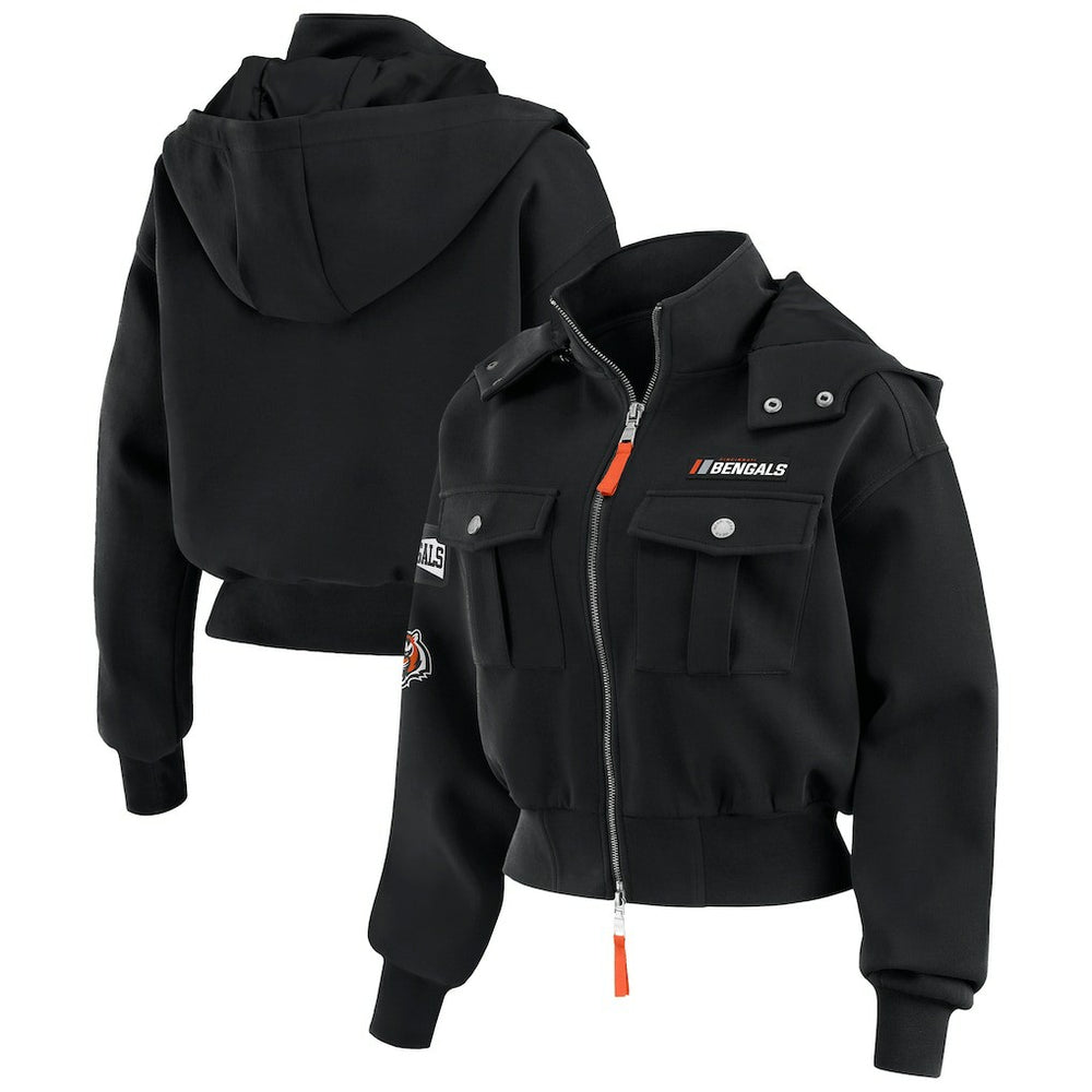 Cincinnati Bengals WEAR by Erin Andrews Women's Tri-Blend Patch Pocket Cropped Full-Zip Bomber Hoodie Jacket - Black cheap
