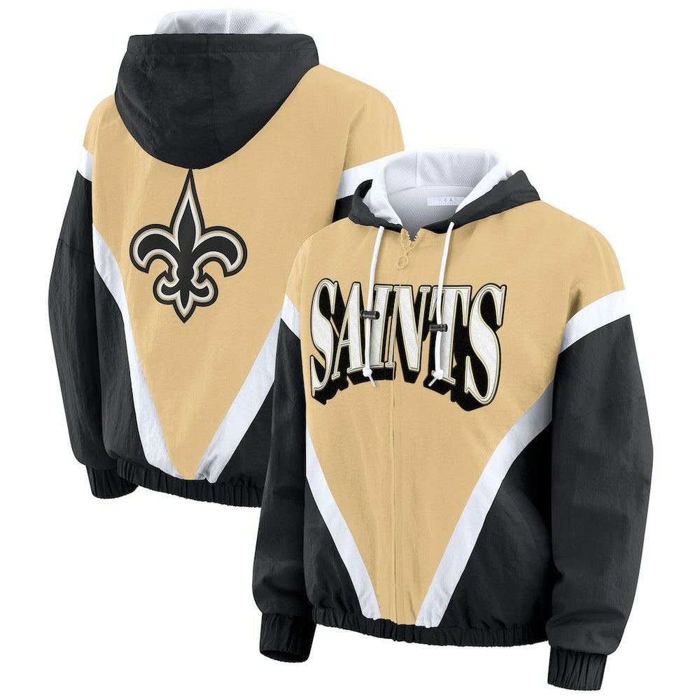 New Orleans Saints WEAR by Erin Andrews Women's Retro Crinkle Full-Zip Hoodie Windbreaker - Gold/Black online