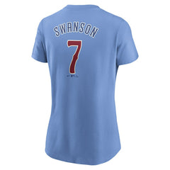 Dansby Swanson Chicago Cubs Women's Cooperstown Collection Fuse Name & Number T-Shirt Light Blue