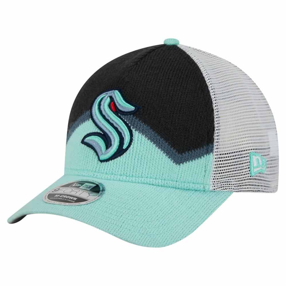 Seattle Kraken New Era Hockey Sock 9FORTY A-Frame M-Crown Adjustable Trucker Hat - Light Blue/Deep Sea Blue Hats
